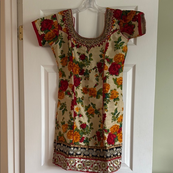 Floral Embroidered Indian Dress with Red and Gold Accents with Chuni &RedPatiala - Picture 1 of 5